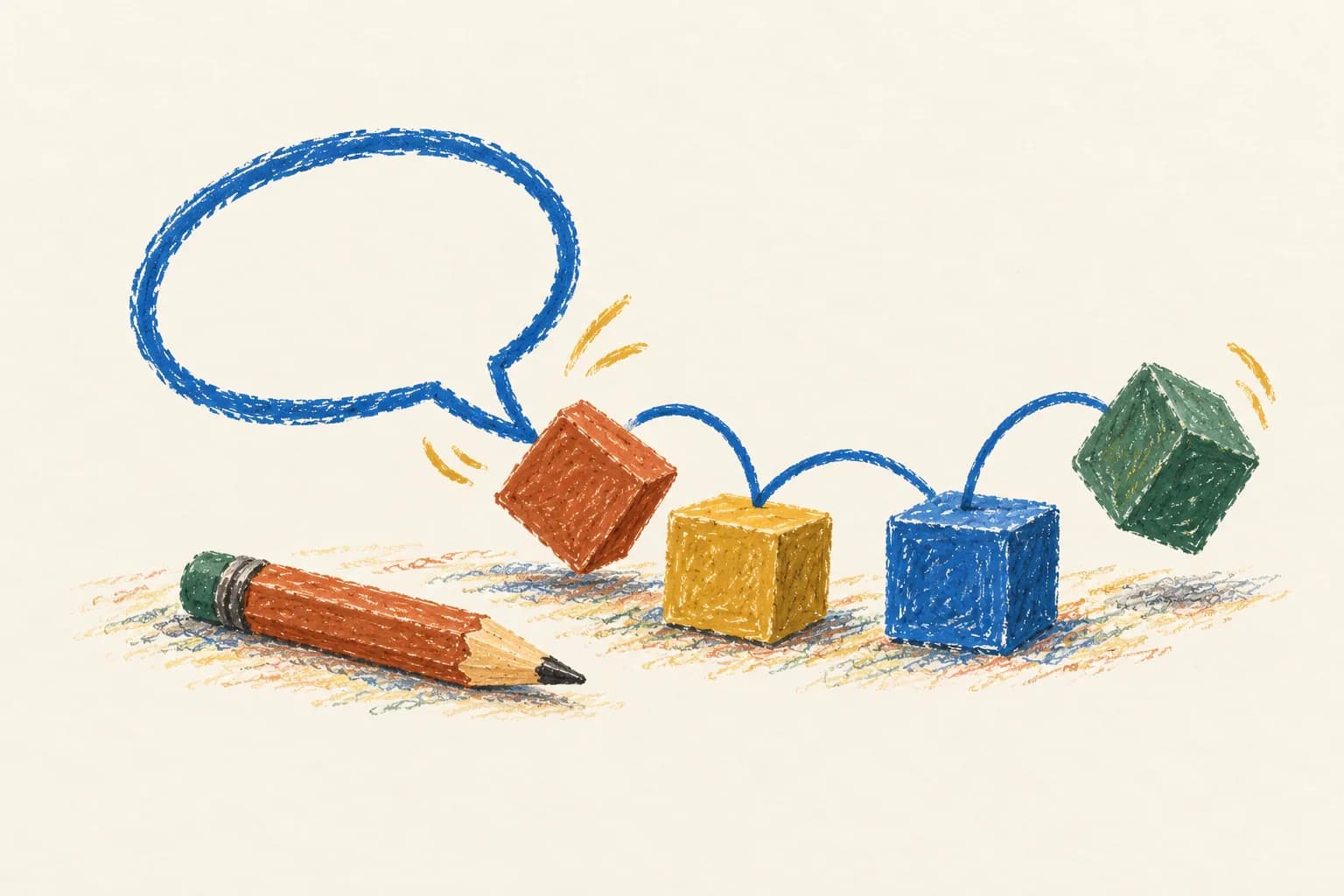 Crayon blocks tumbling from a speech bubble into a connected row, with a pencil lying unused
