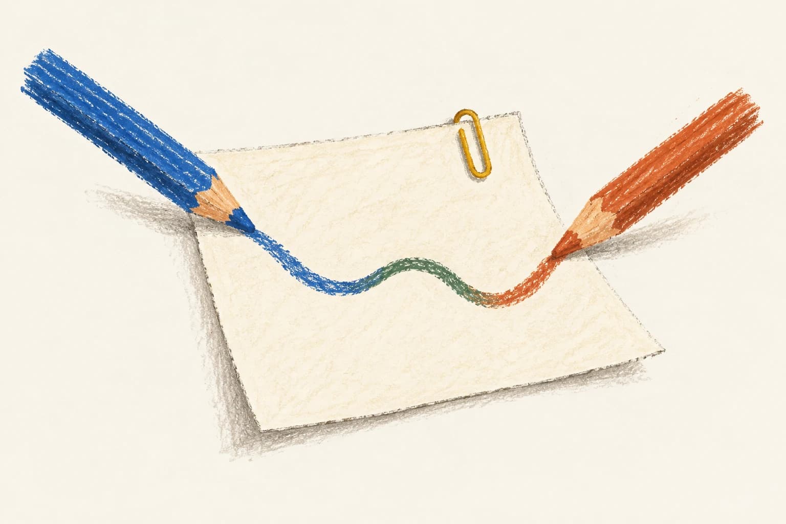 Blue and terracotta pencils joining their marks on a shared sheet of paper
