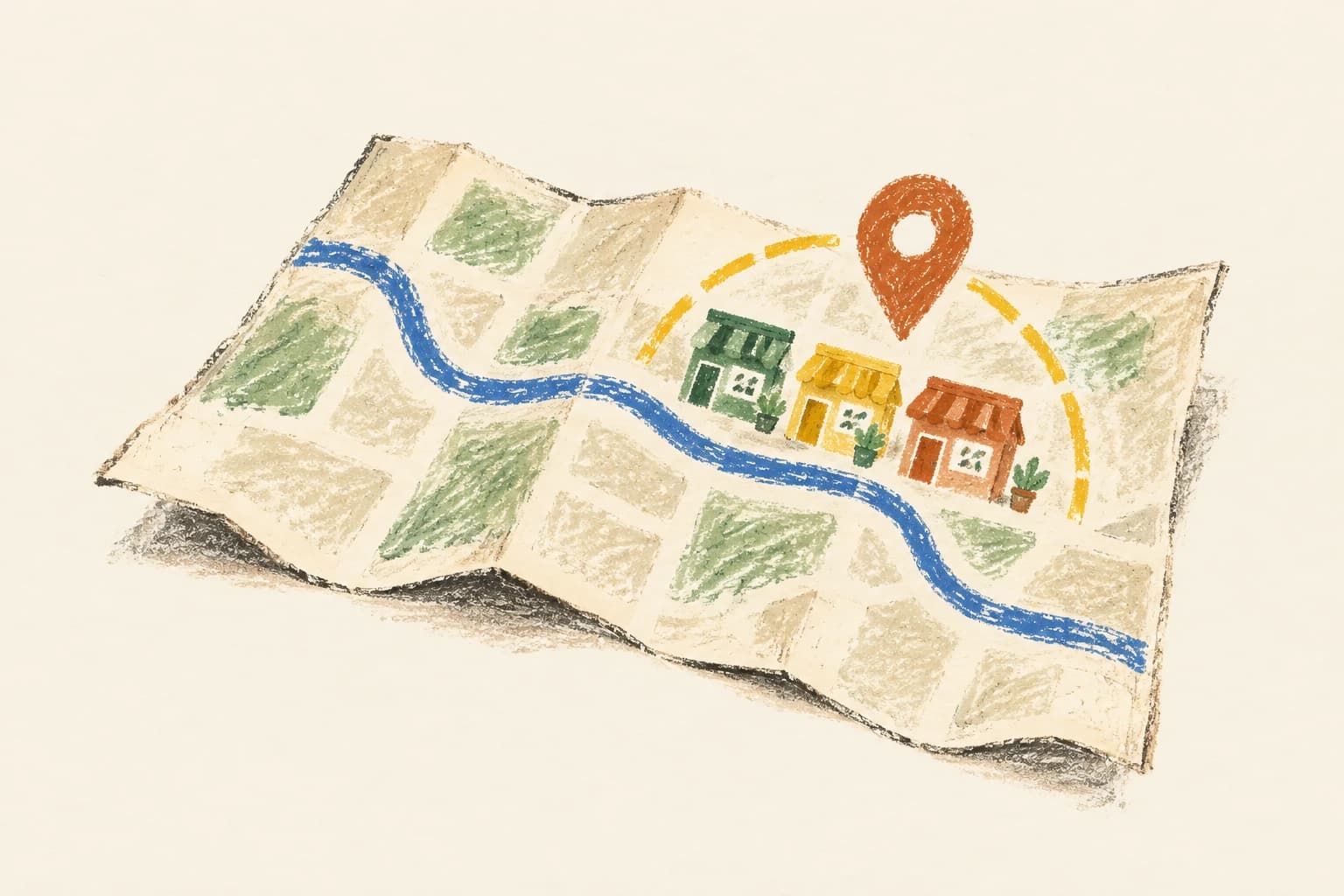 A folded map with small shops and a terracotta location pin