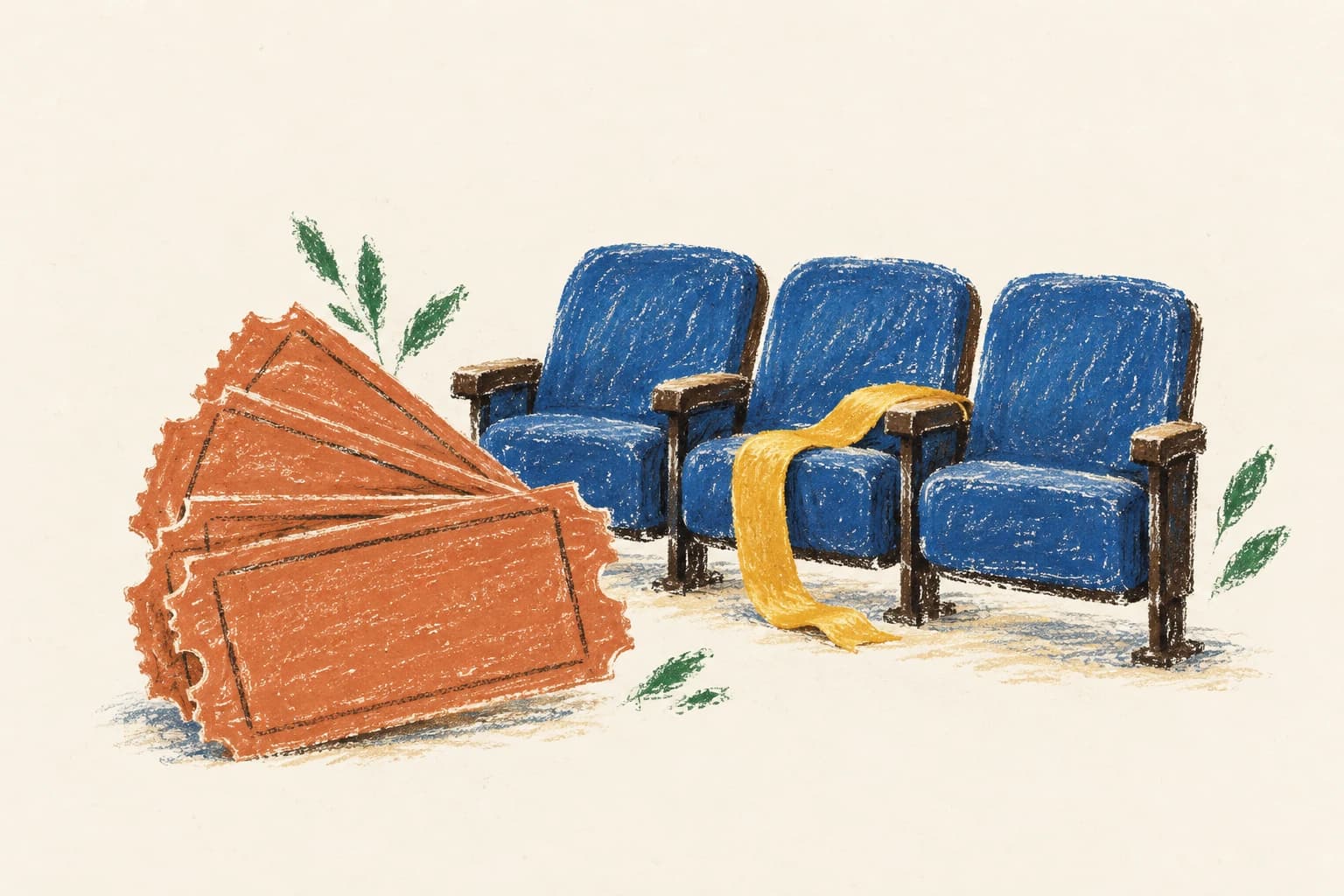 Admission tickets beside theater seats, with one seat marked by a ribbon
