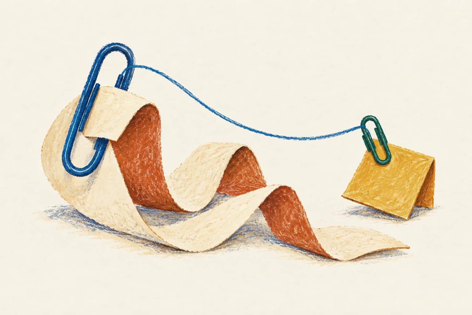 Large and small paperclips holding a long ribbon and a compact folded tag