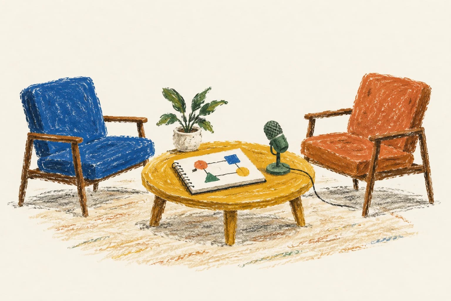 Two empty chairs facing a shared sketchpad with a microphone between them