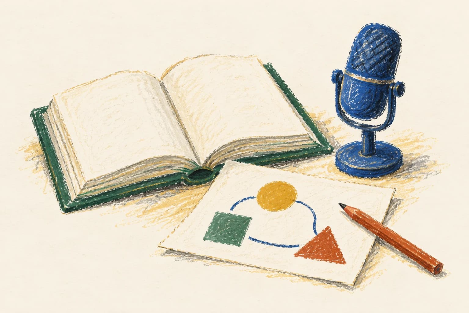 An open reference book beside a microphone and a small architecture sketch
