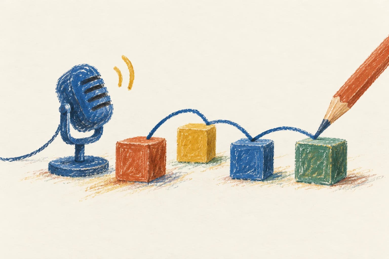 A microphone beside colored building blocks joined by a pencil-drawn line